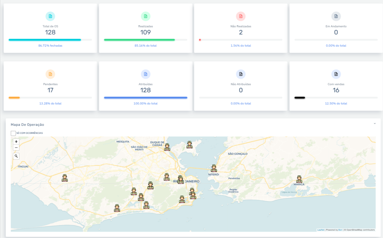 Interface moderna do software FSM - Dashboard com mapa de equipes, indicadores de performance e controle de operações em tempo real